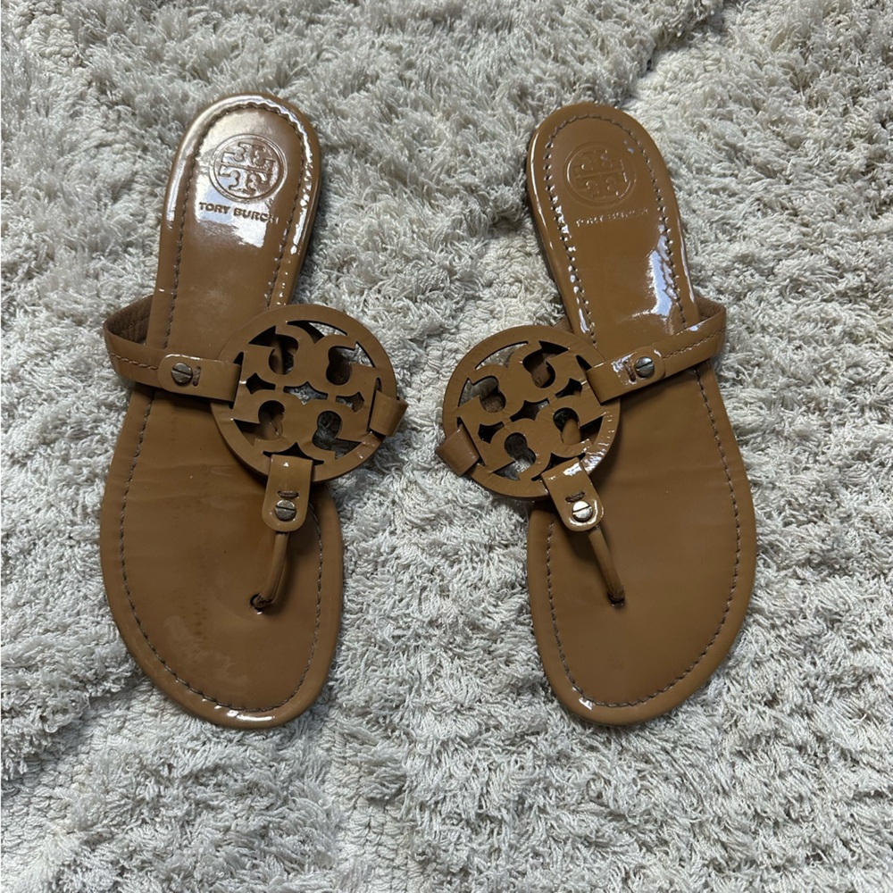 Tory Burch Tan Miller Patent Leather Thong Sandals